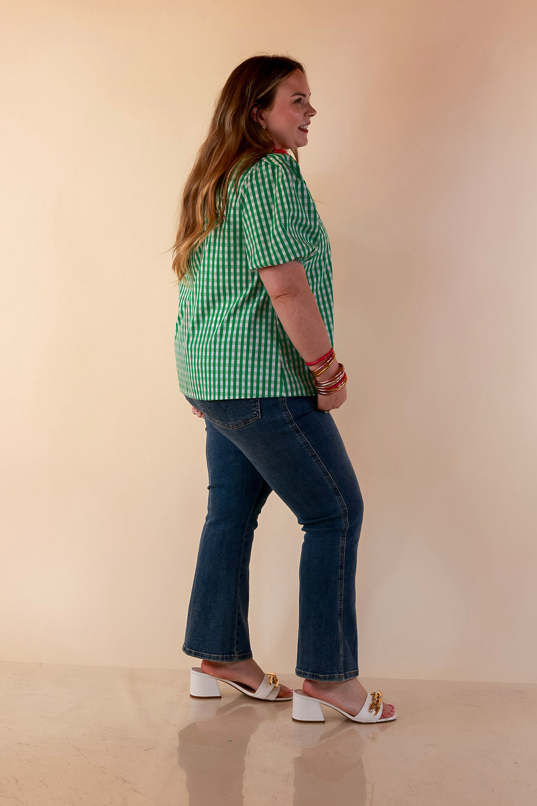 Polished &amp; Playful Short Puff Sleeve Gingham Top with Contrast Hot Pink Trim in Green and White