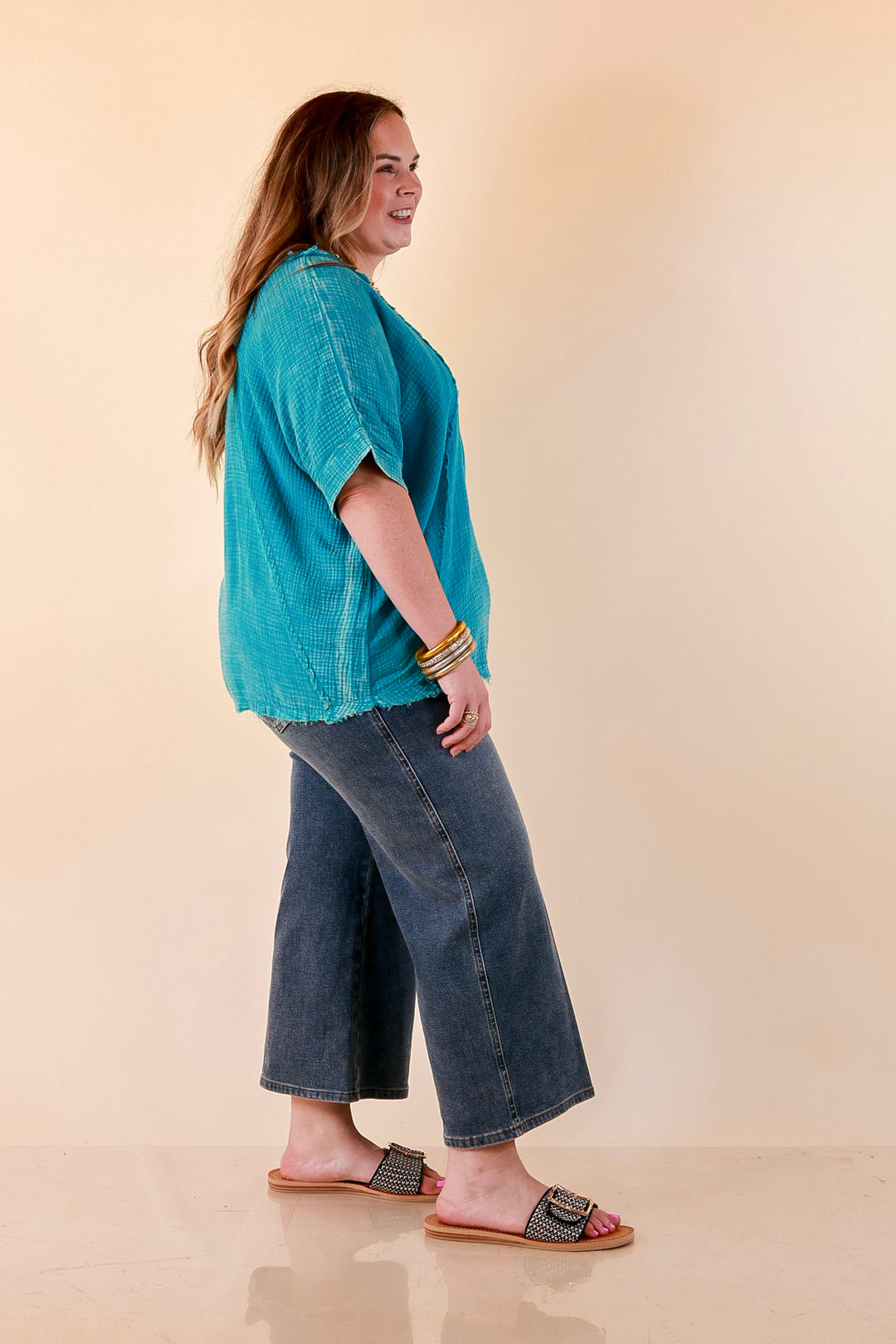 Everyday Ease Short Sleeve Linen Top with Raw Hem Edges in Turquoise Blue