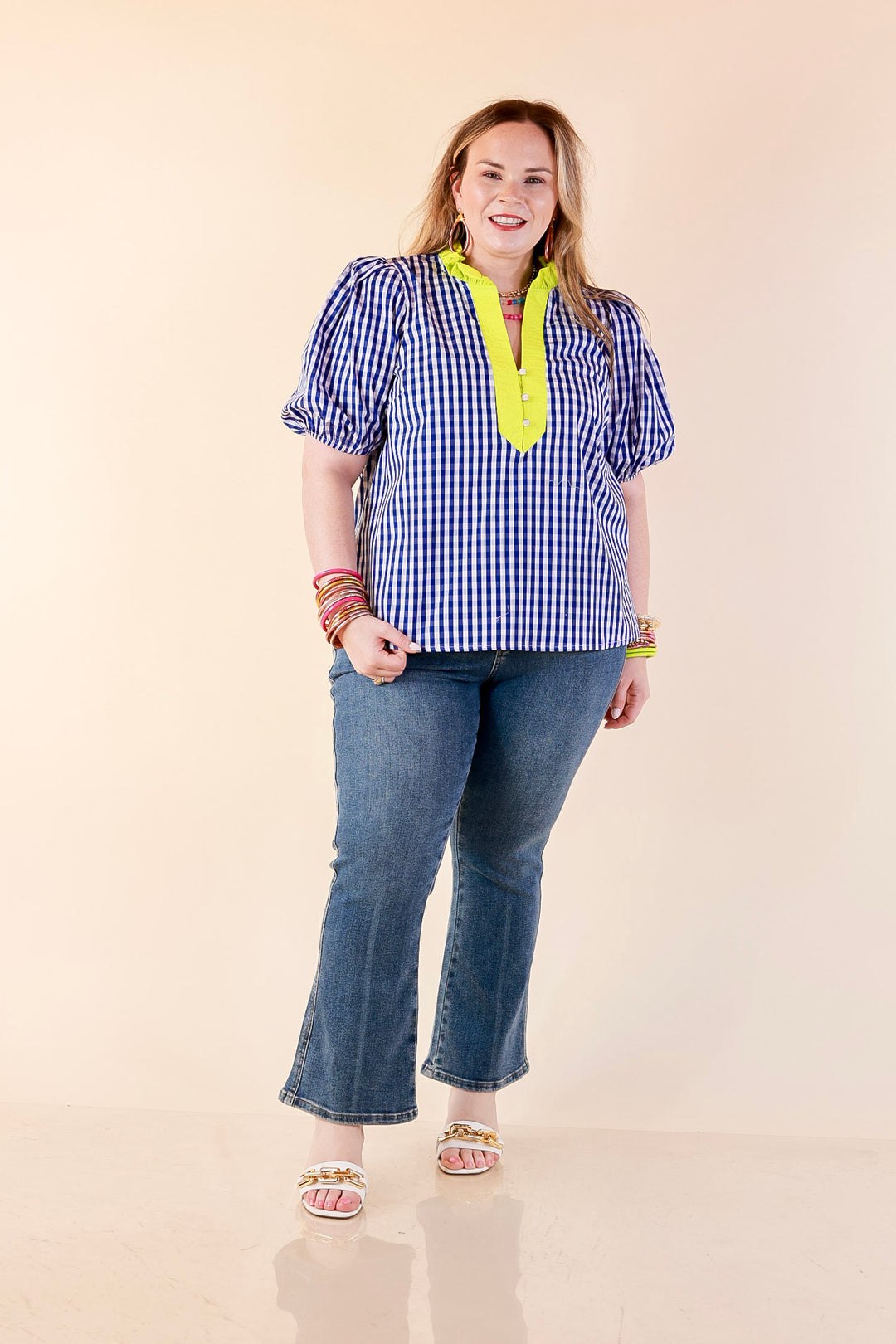 Polished &amp; Playful Short Puff Sleeve Gingham Top with Contrast Lime Green Trim in Royal Blue and White