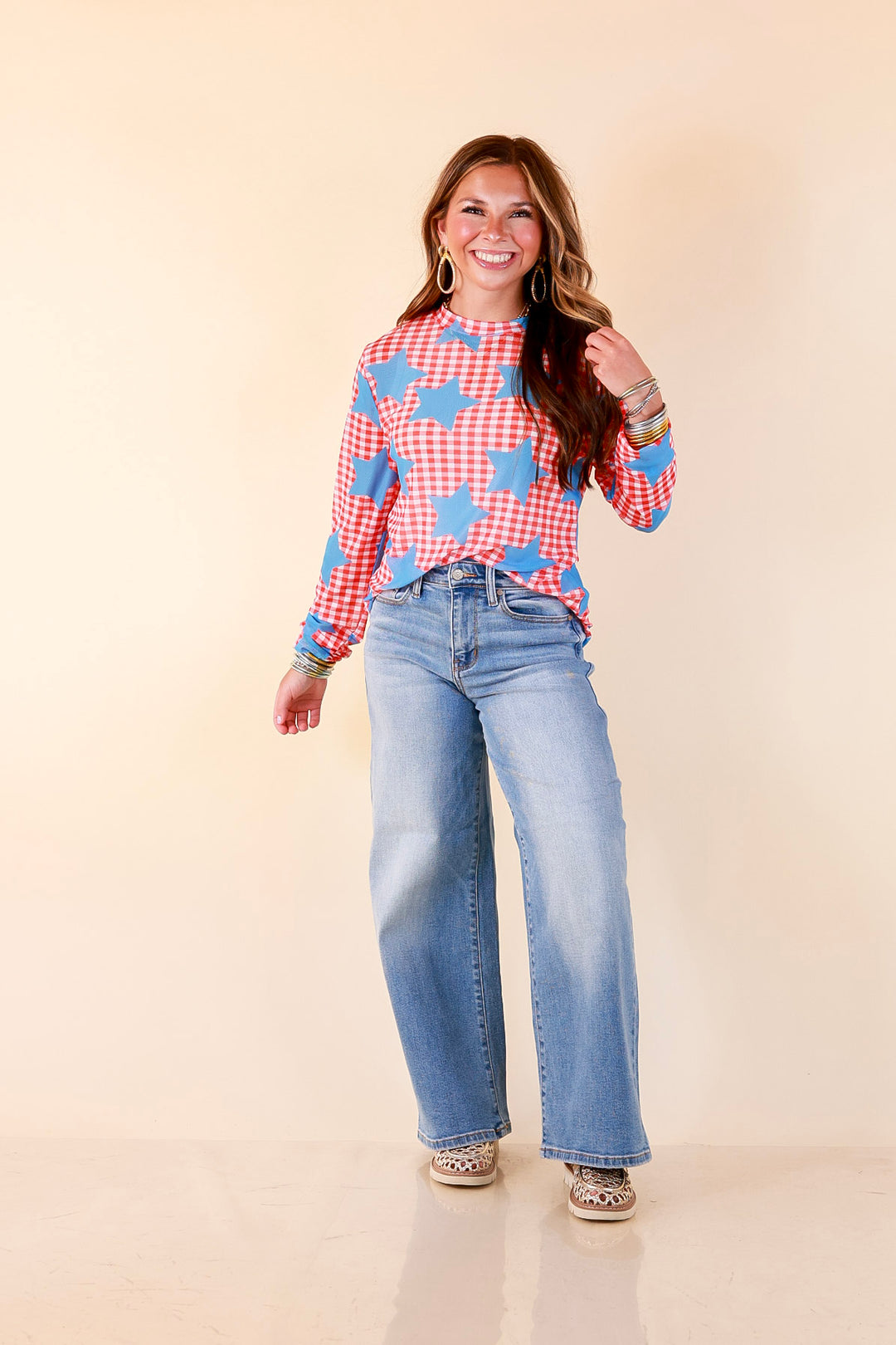 The Essential Layer Gingham and Star Print Sheer Mesh Long Sleeve Top in Red, White and Blue