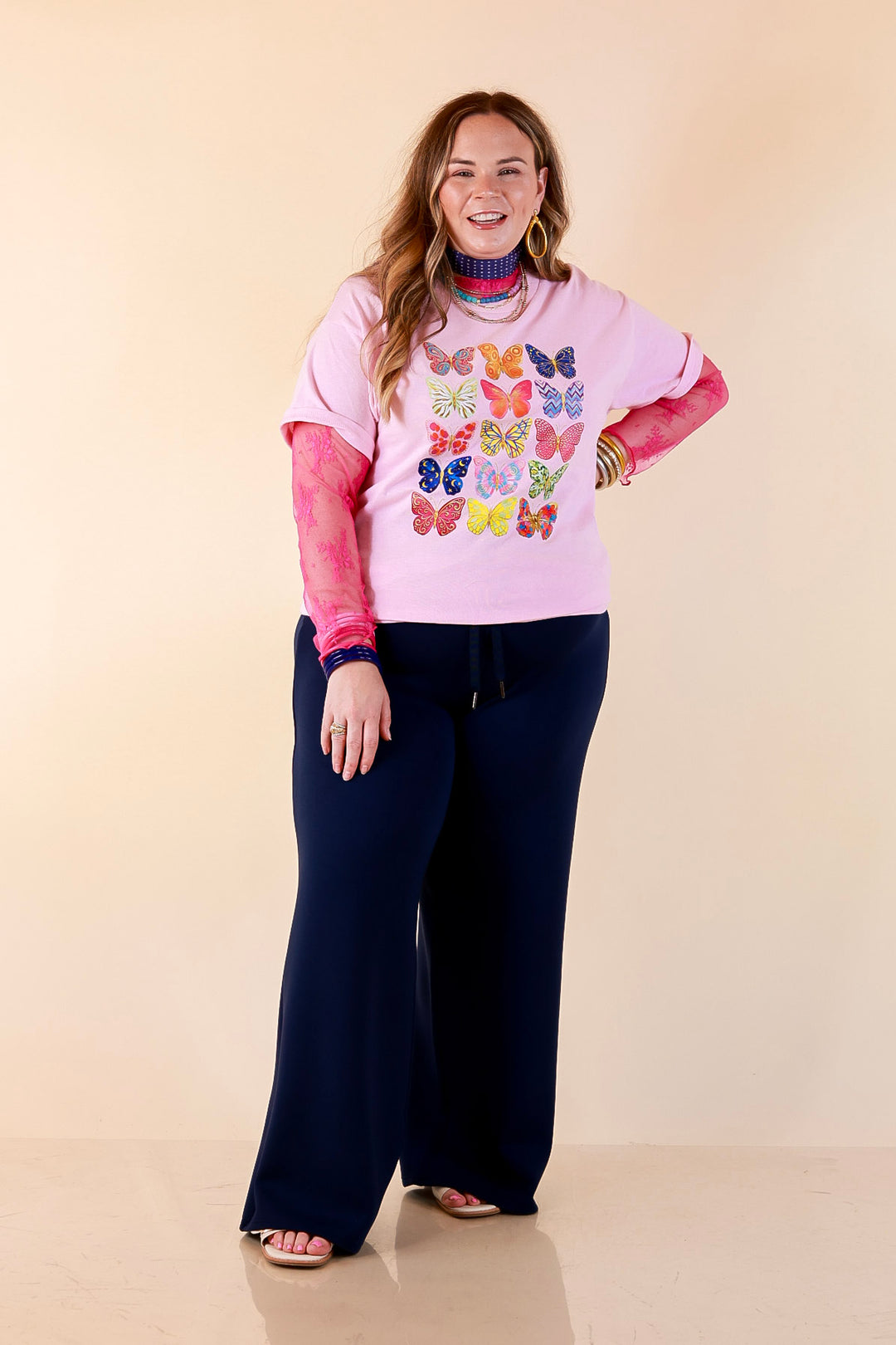 Butterfly Season Multi Print Butterflies Short Sleeve Graphic Tee in Light Pink