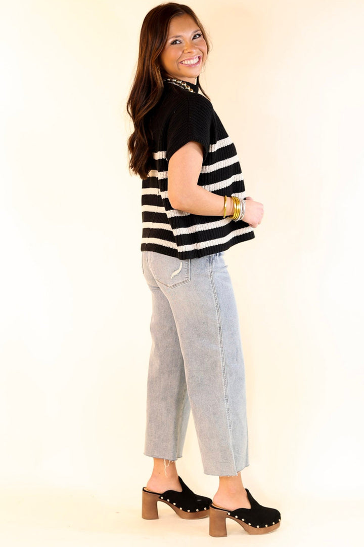 Repeat Worthy Striped Cap Sleeve Cropped Sweater with Front Pocket in Black