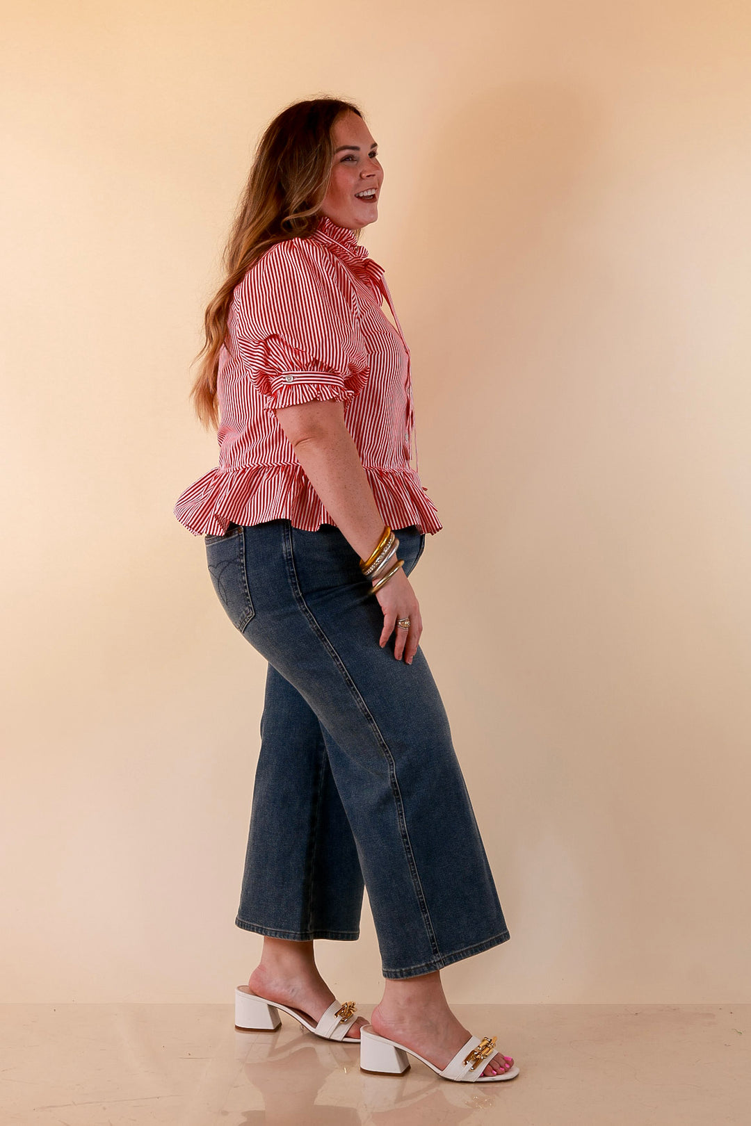 Tea Time Charm Tie Neck Puff Sleeve Peplum Button Front Stripe Blouse in Red
