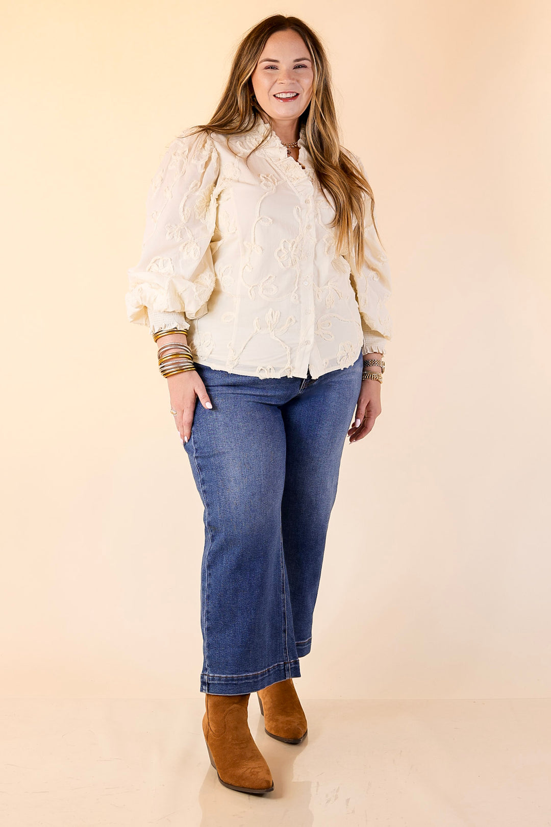 Timeless Romance Ruffled V Neck Floral Applique Embroidered Top in Cream