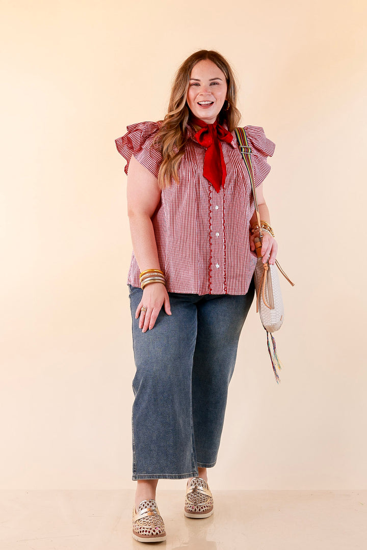 Front Porch Favorite Ruffle Sleeve Button Front Gingham Blouse with Scallop Trim in Dark Crimson Red