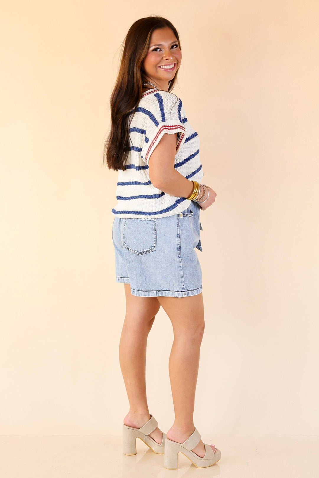 Simply Southern | Go with the Flow Striped Short Sleeve Sweater Top in Navy Blue