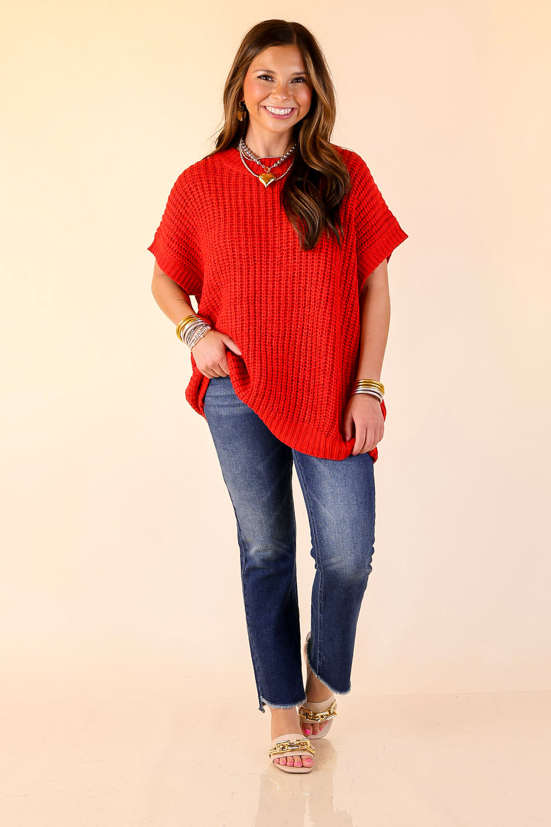 Tried and True Short Sleeve Oversized Knit Sweater in Red