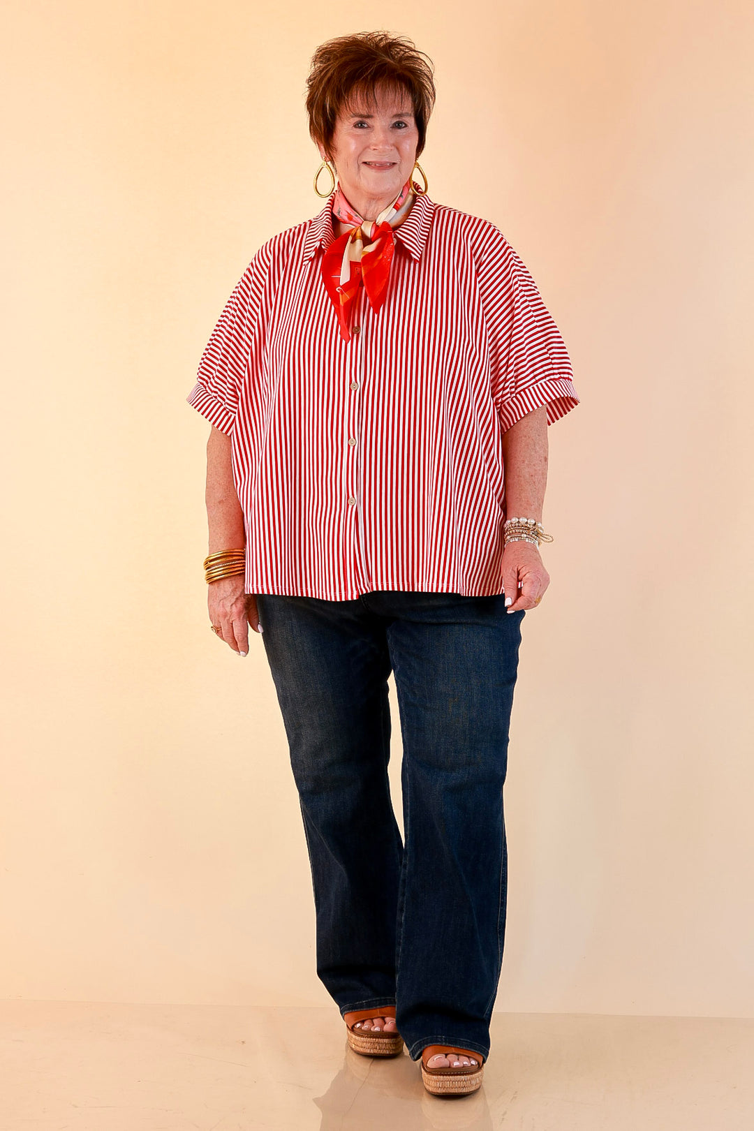 Perfectly Aligned Button Down Collared Top with Vertical Ivory Stripe Detail in Red