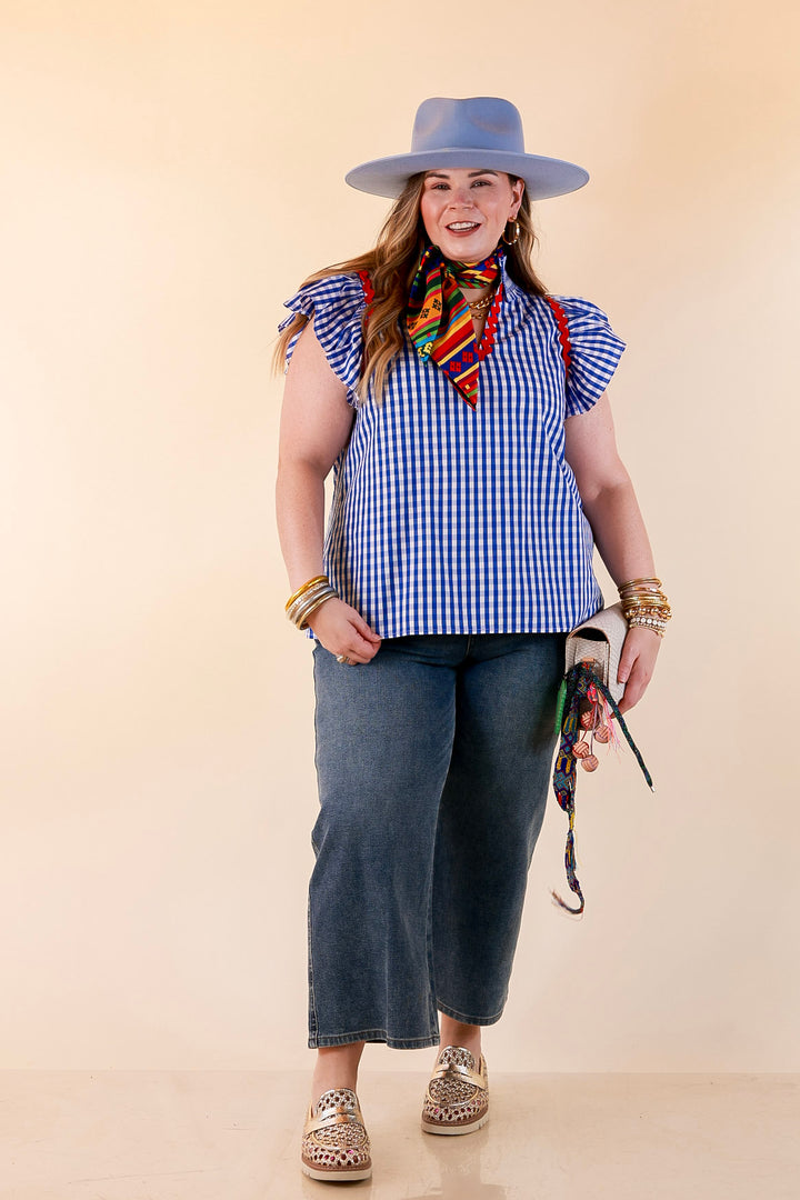 Sweet Tea Social Ruffle Sleeve Gingham Top with Ric Rac Trim in Royal Blue