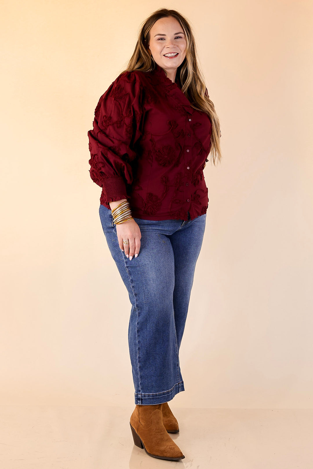 Timeless Romance Ruffled V Neck Floral Applique Embroidered Top in Maroon