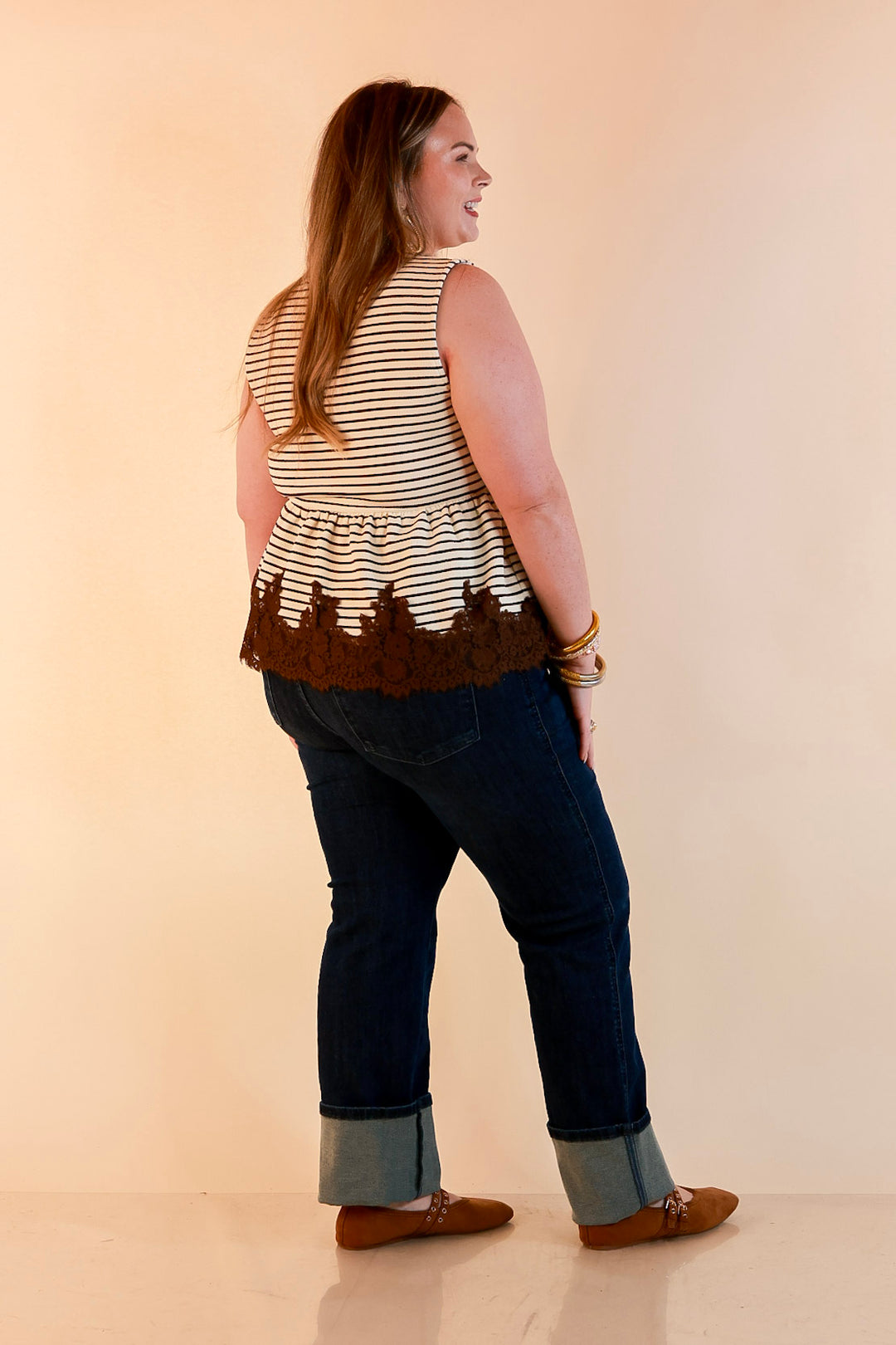 Sweet on Style Striped Peplum Sleeveless Tank Top with Lace Trim Detailing in Ivory and Chocolate Brown