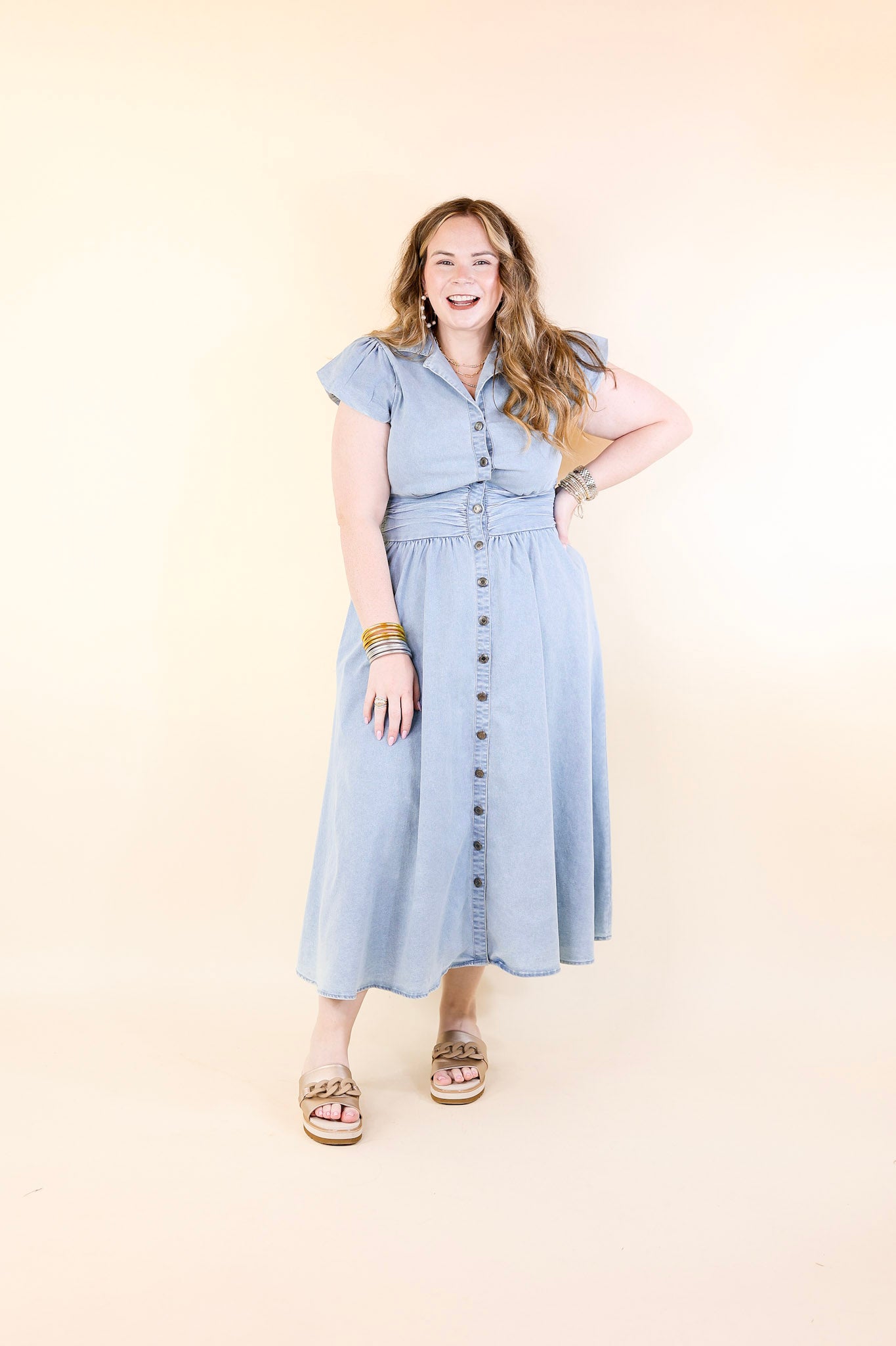 Timeless Threads Midi Maxi Dress with Smocked Bodice in Light Wash