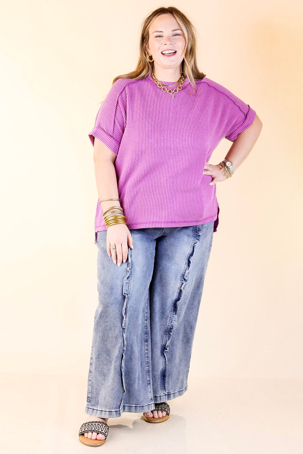 Daily Perfection Scoop Neck Short Sleeve Ribbed Top in Purple