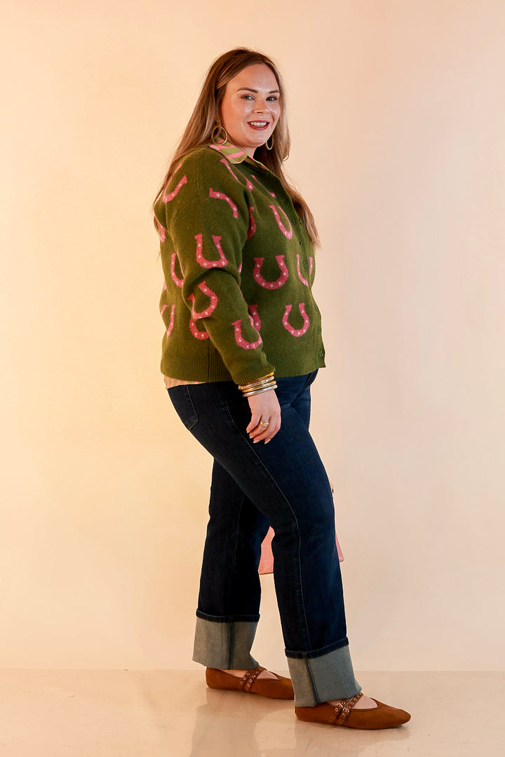 Lucky in Love Horseshoe Print Button Front Cardigan Sweater in Olive Green and Pink