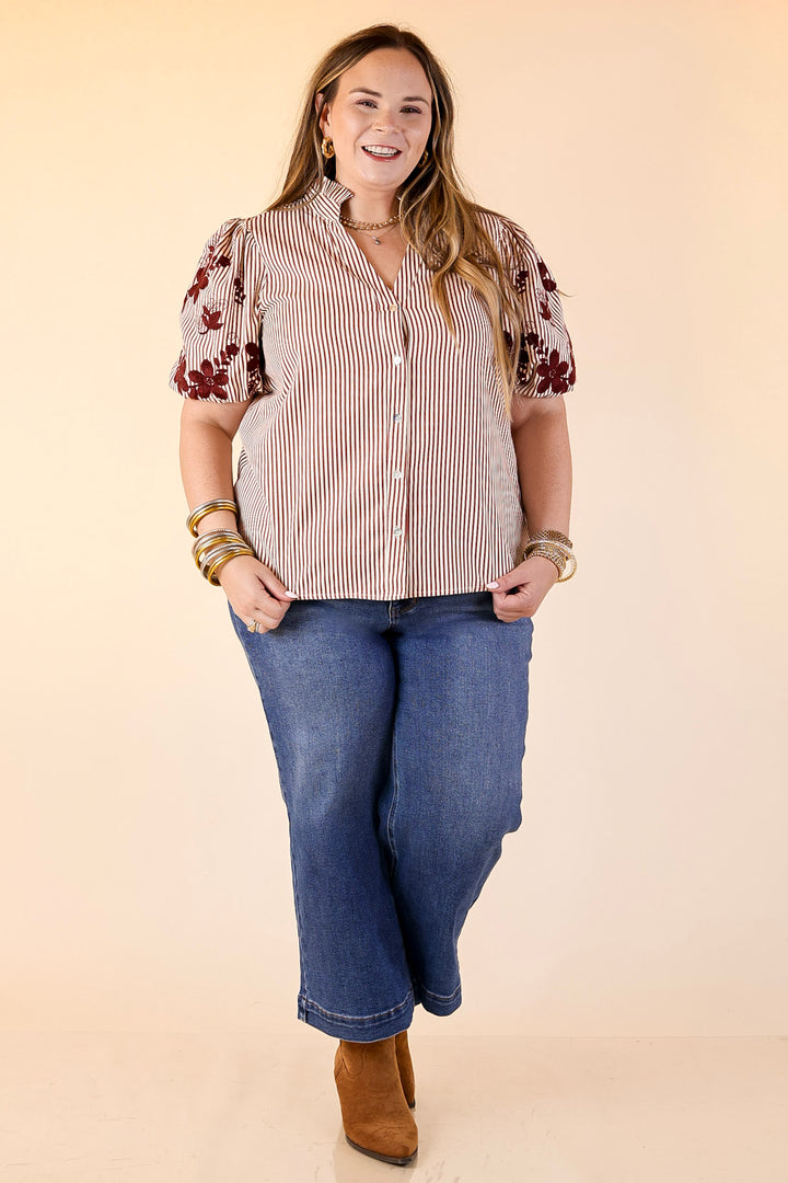 Sweet Intentions Button Down Striped Top with Puff Embroidered Sleeves in Maroon
