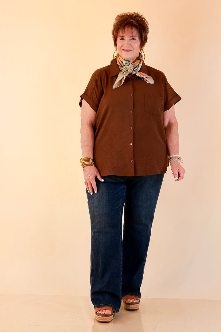 Timeless Appeal Woven Airflow Button Front Top with Rolled Cuff Short Sleeves and Front Pocket in Chocolate Brown