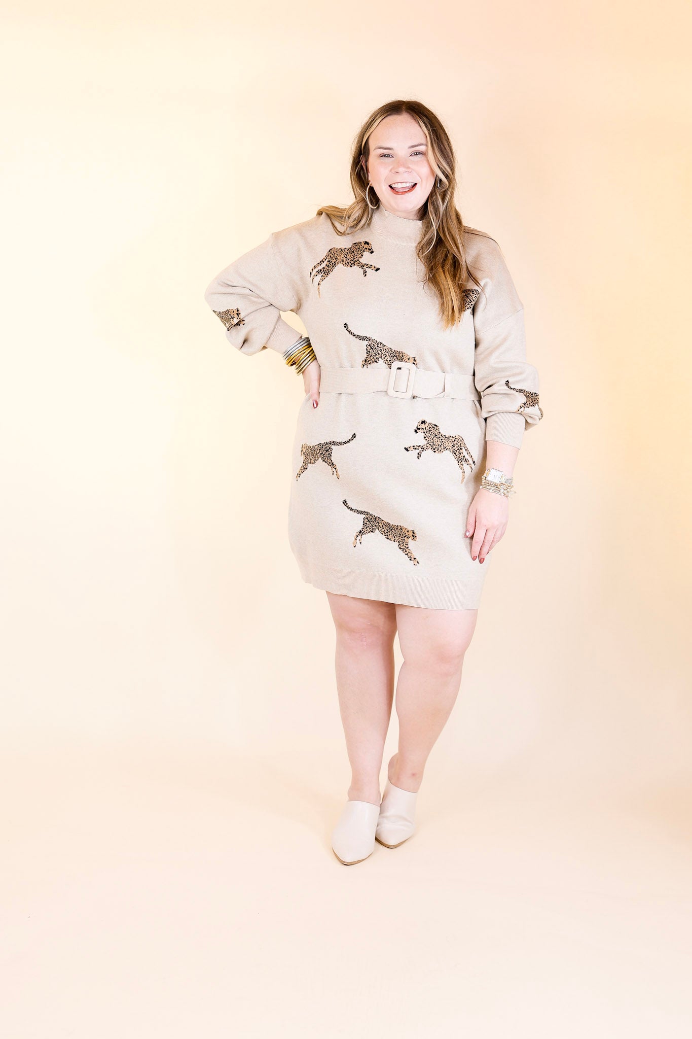 Luxurious Life Animal Print Sweater Dress with Belt in Oatmeal Beige