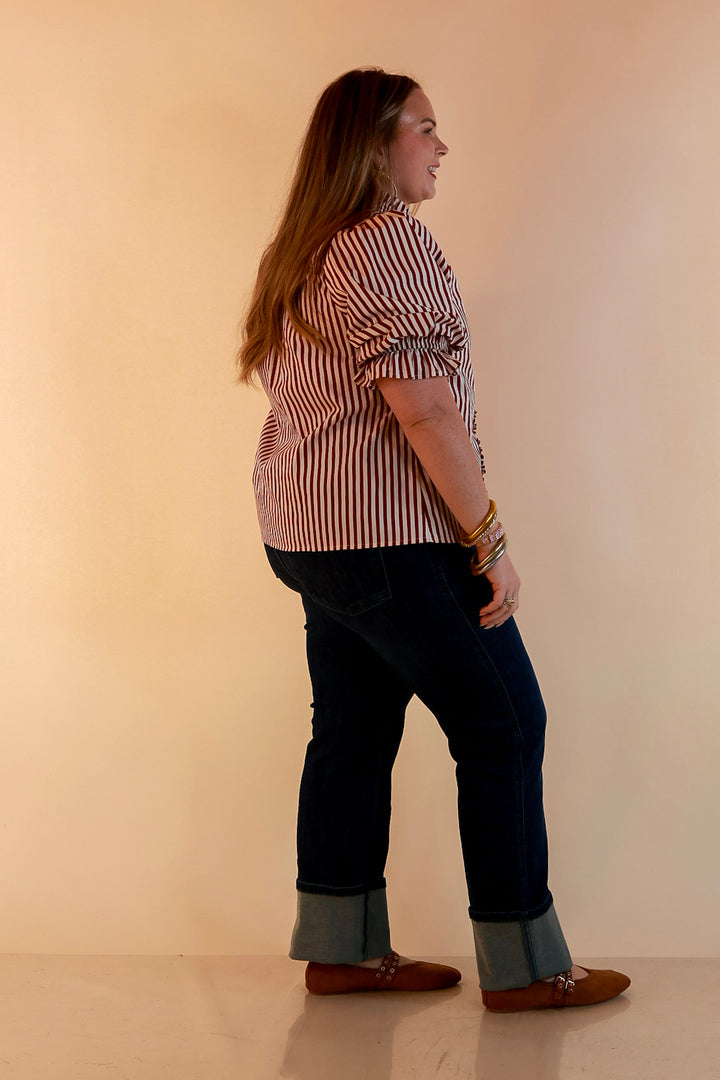 Made You Look Striped Ruffle Front and Sleeve Detailing with Puff Sleeves Blouse in Maroon and Ivory