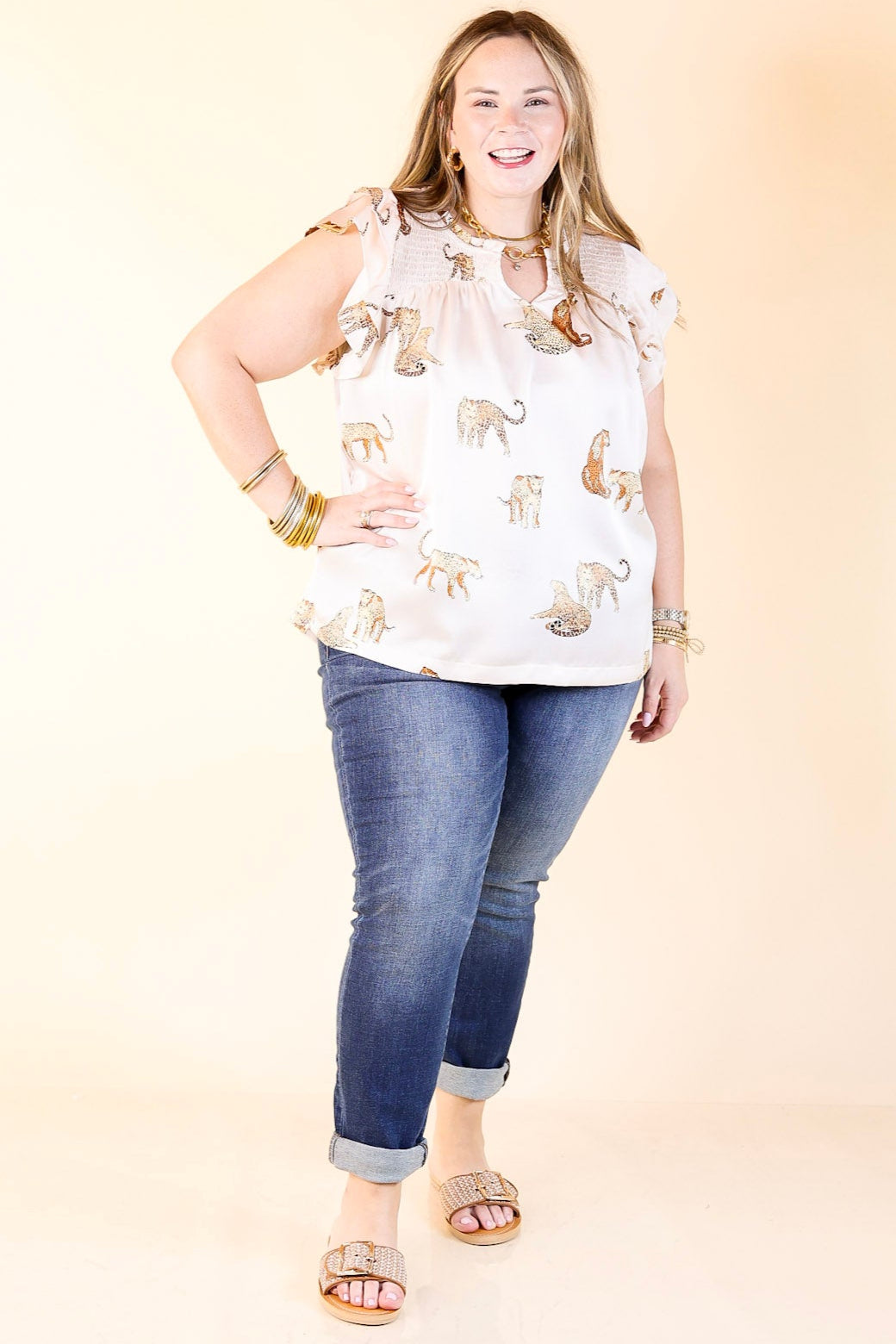 Wildly Sweet Leopard Print Blouse with Smoked Yoke and Ruffle Sleeves in Cream