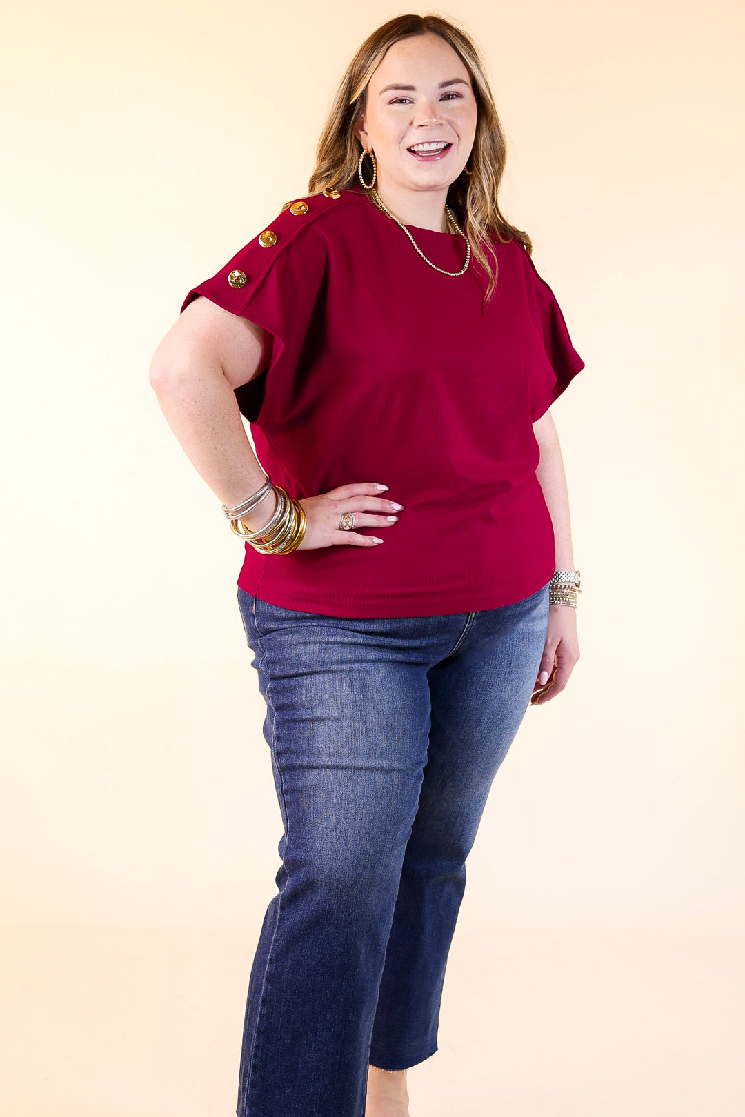 Golden Hour Glow Ribbed Crew Neck Top With Gold Button Detailing in Maroon