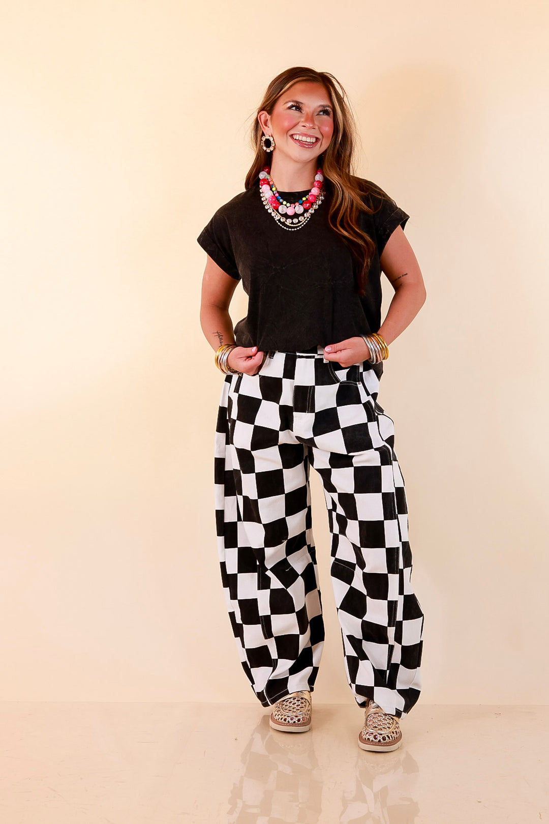 Check Me Out Wide Leg Checkered Print Barrel Denim Jean in Black