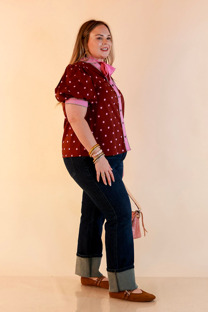 Pop of Polish Short Puff Sleeve Button Front Polka Dot Print Top with Contrast Trim in Maroon and Pink