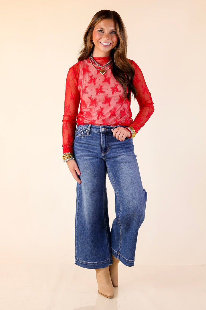 Daringly Delicate Sheer Mock Neck Long Sleeve Lace Top in Red