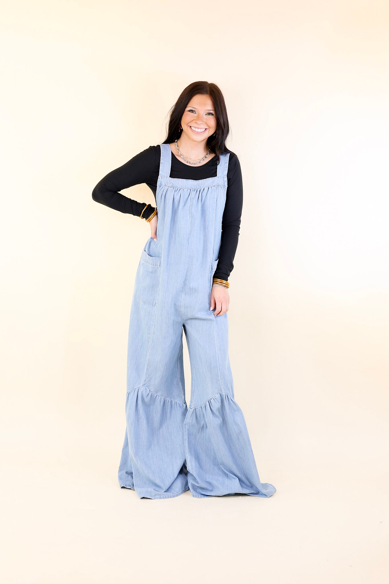 Vintage Vibes Denim Jumpsuit with Tie Straps in Light Wash