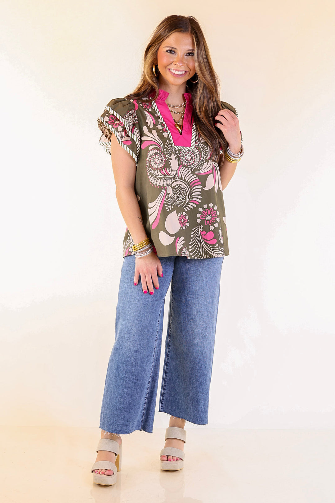 First Impressions V Neck Paisley Top with Ruffle Cap Sleeves and Stripe Detailing in Olive Green