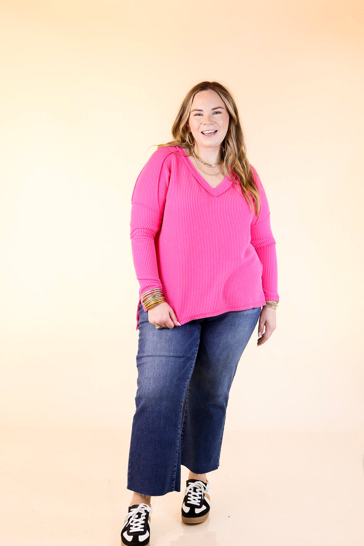 Daily Perfection V-Neck Long Sleeve Ribbed Top in Hot Pink