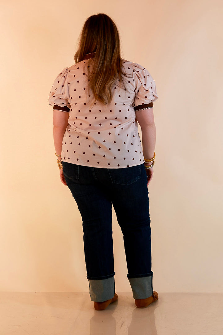 Pop of Polish Short Puff Sleeve Button Front Polka Dot Print Top with Contrast Trim in Ivory and Chocolate Brown