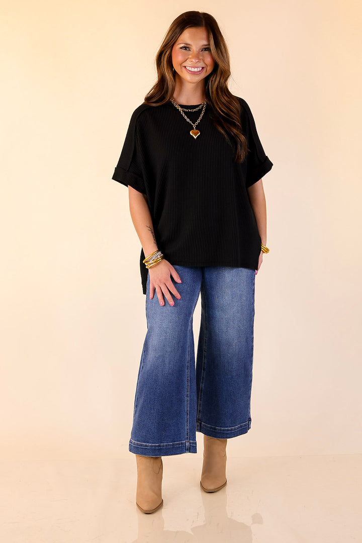 Daily Perfection Scoop Neck Short Sleeve Ribbed Top in Black