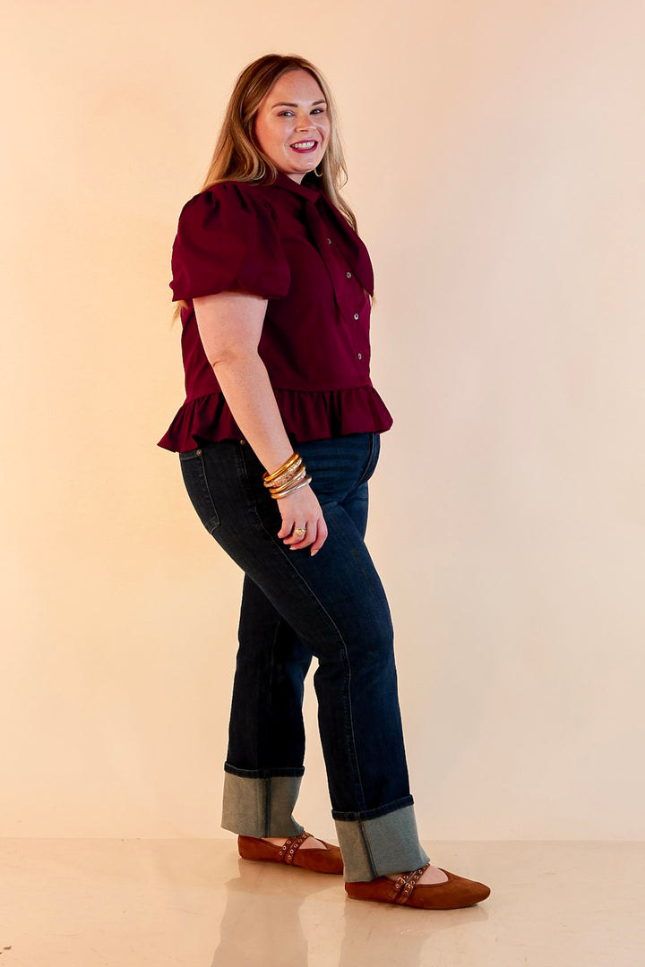 Present Company Solid Button Down Peplum Bubble Sleeve Tie Collar Top in Maroon