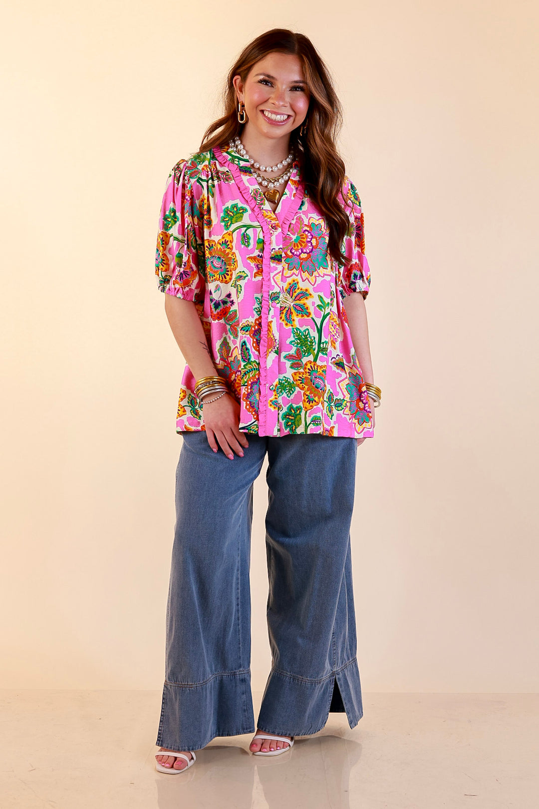 Petal Pop Floral Print Ruffle Front Button Up Top with Puff Sleeves in Pink