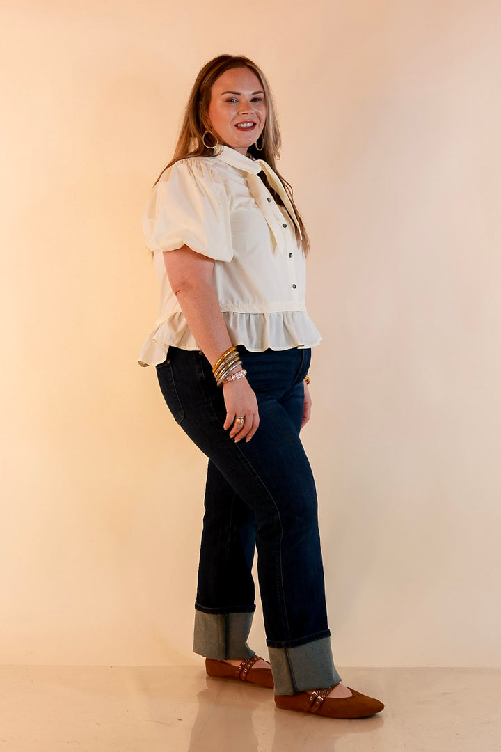 Present Company Solid Button Down Peplum Bubble Sleeve Tie Collar Top in Ivory