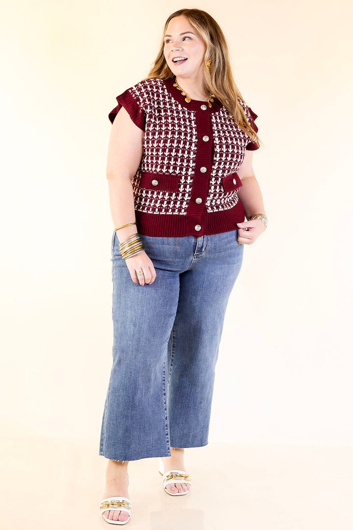 Statement Maker Button Front Large Tweed Sweater Vest in Maroon