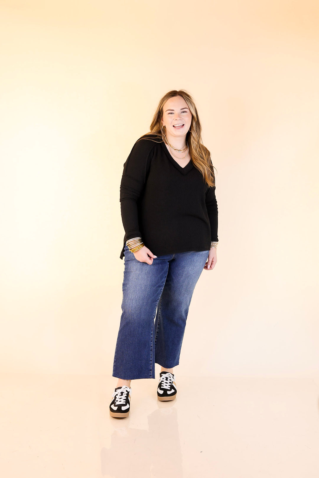 Daily Perfection V-Neck Long Sleeve Ribbed Top in Black