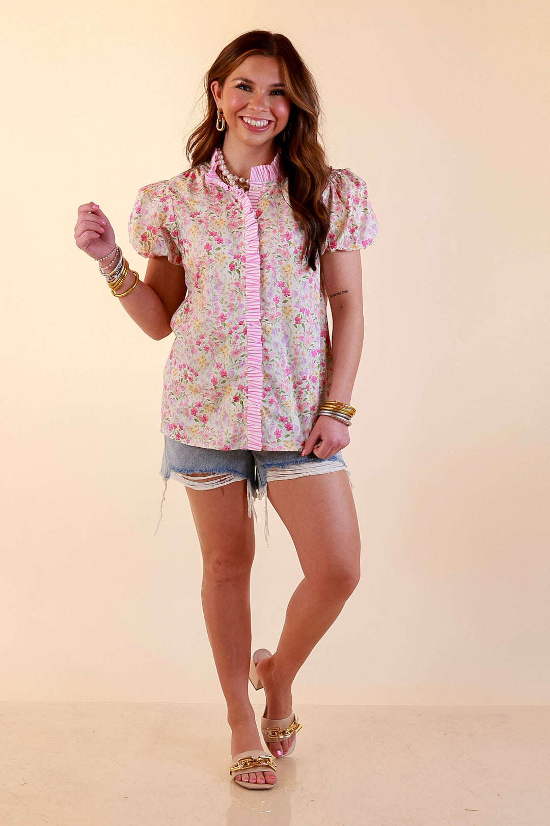 Bloom with Grace Short Puff Sleeve Ruffle Trim Button Front Floral Peplum Top in Pink