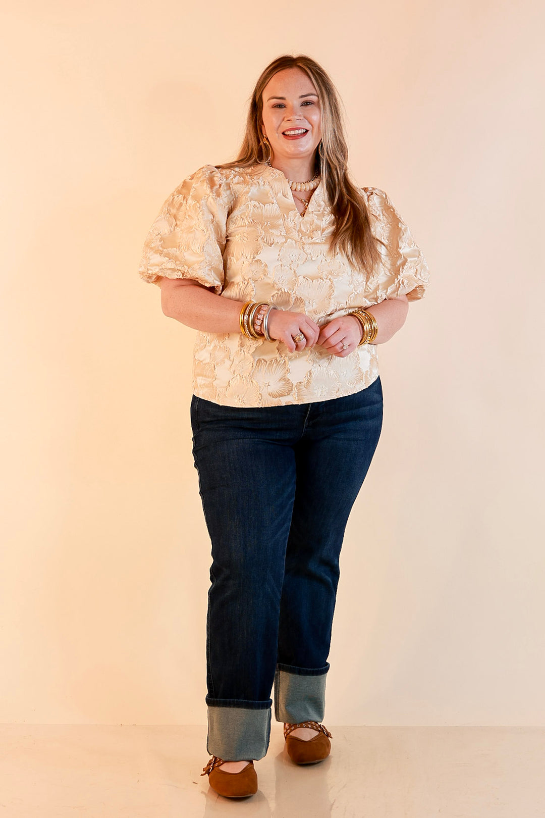 Pretty in Practice Textured Floral Print Puff Sleeve Blouse in Champagne Ivory