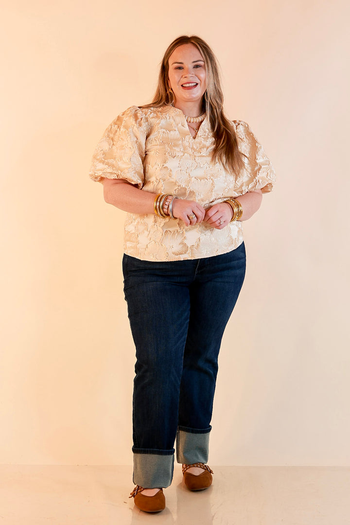 Pretty in Practice Textured Floral Print Puff Sleeve Blouse in Champagne Ivory