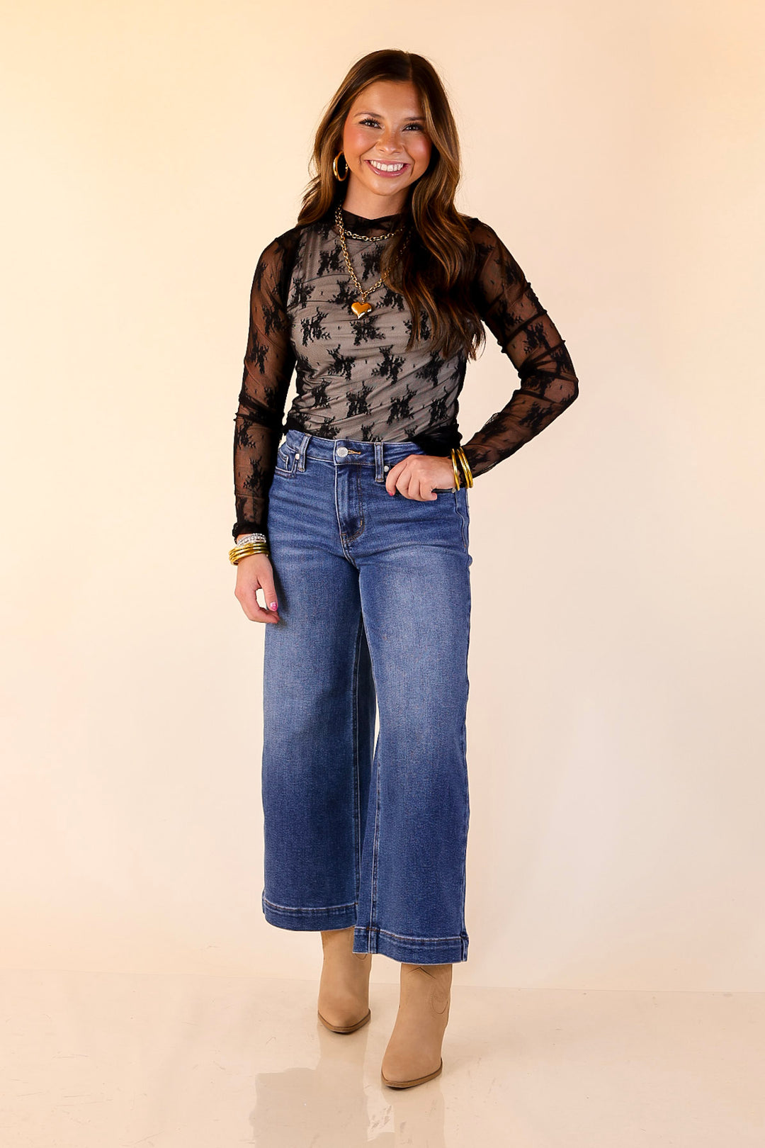 Daringly Delicate Sheer Mock Neck Long Sleeve Lace Top in Black