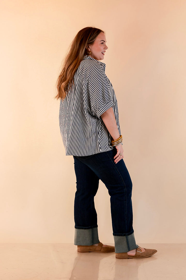 Perfectly Aligned Button Down Collared Top with Vertical Ivory Stripe Detail in Navy Blue