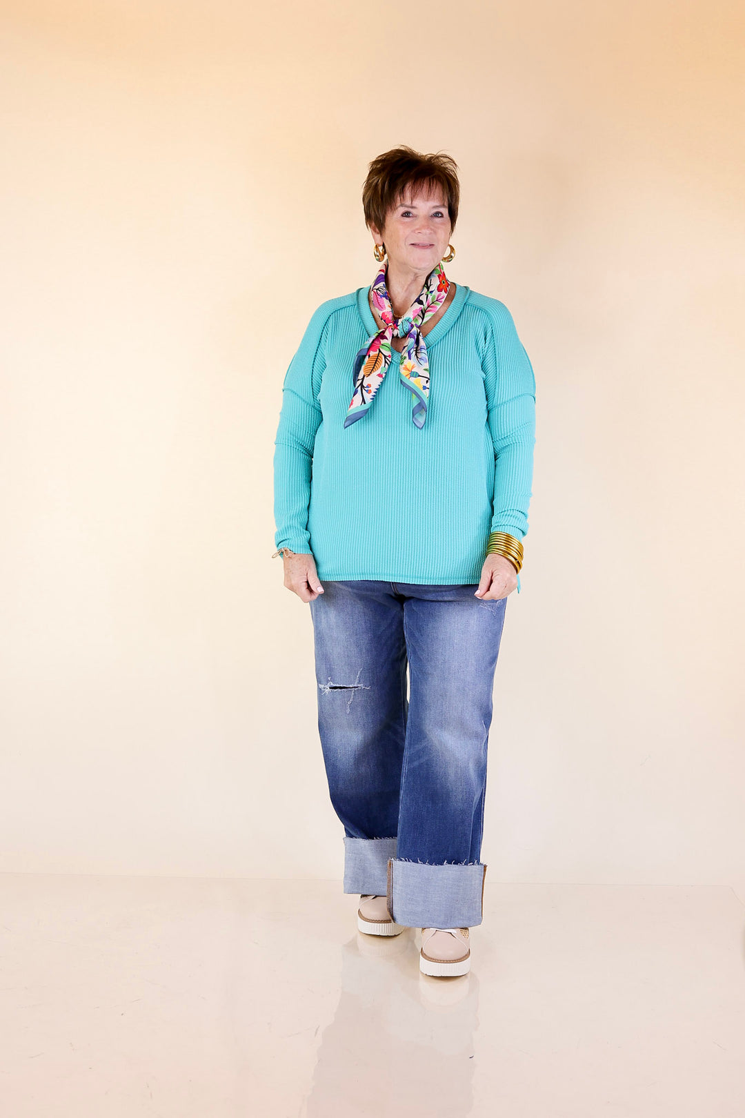 Daily Perfection V-Neck Long Sleeve Ribbed Top in Turquoise Blue