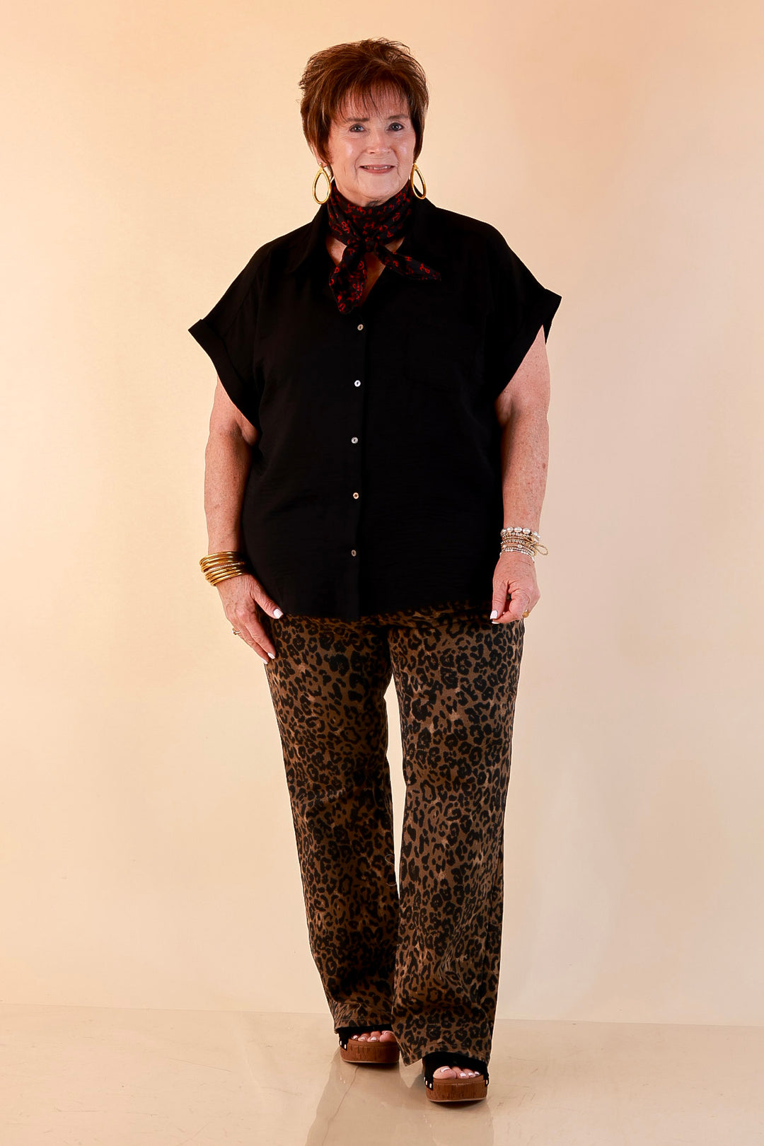 Timeless Appeal Woven Airflow Button Front Top with Rolled Cuff Short Sleeves and Front Pocket in Black