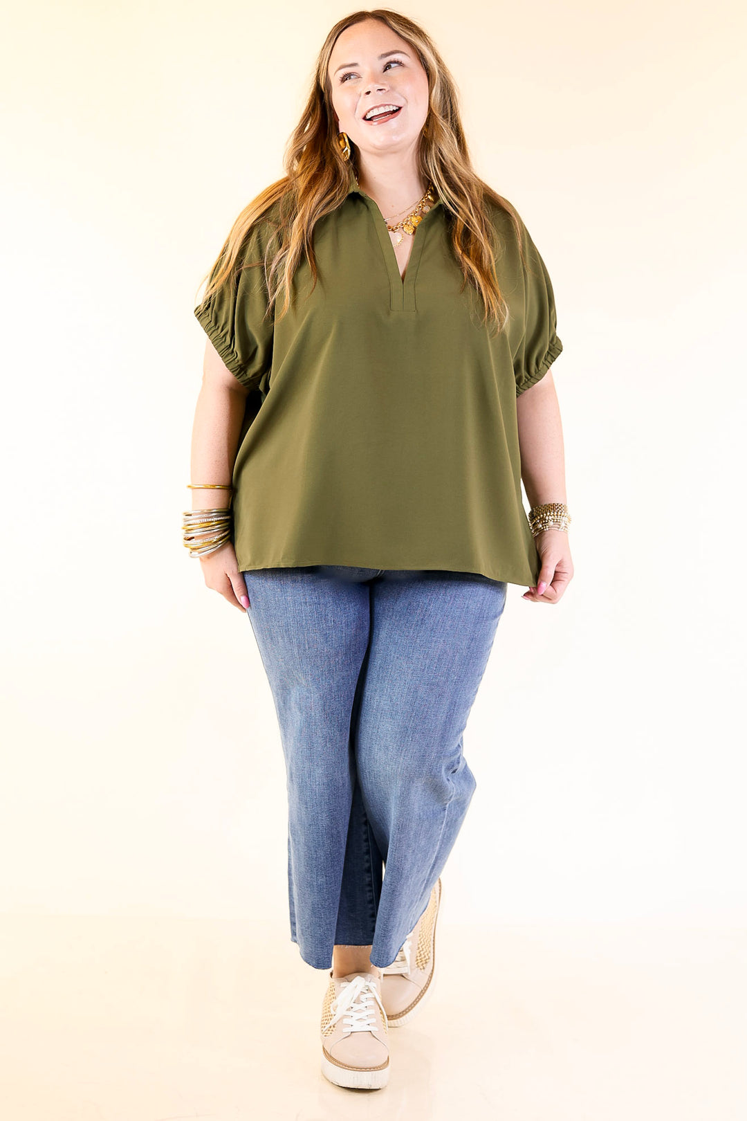 Fresh Start Collared V-Neck Blouse With Drop Shoulder in Olive Green