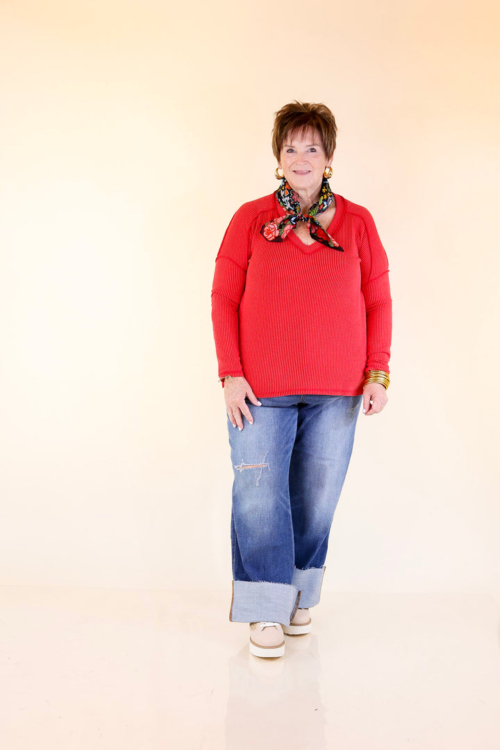 Daily Perfection V-Neck Long Sleeve Ribbed Top in Ruby Red