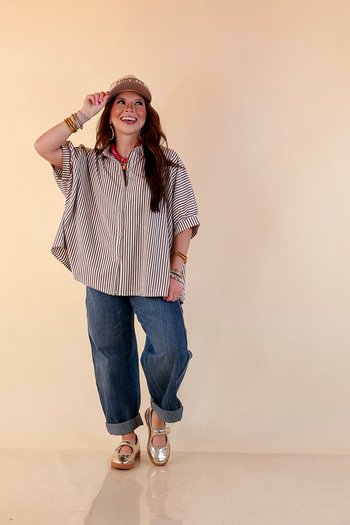 Perfectly Aligned Button Down Collared Top with Vertical Ivory Stripe Detail in Taupe Brown