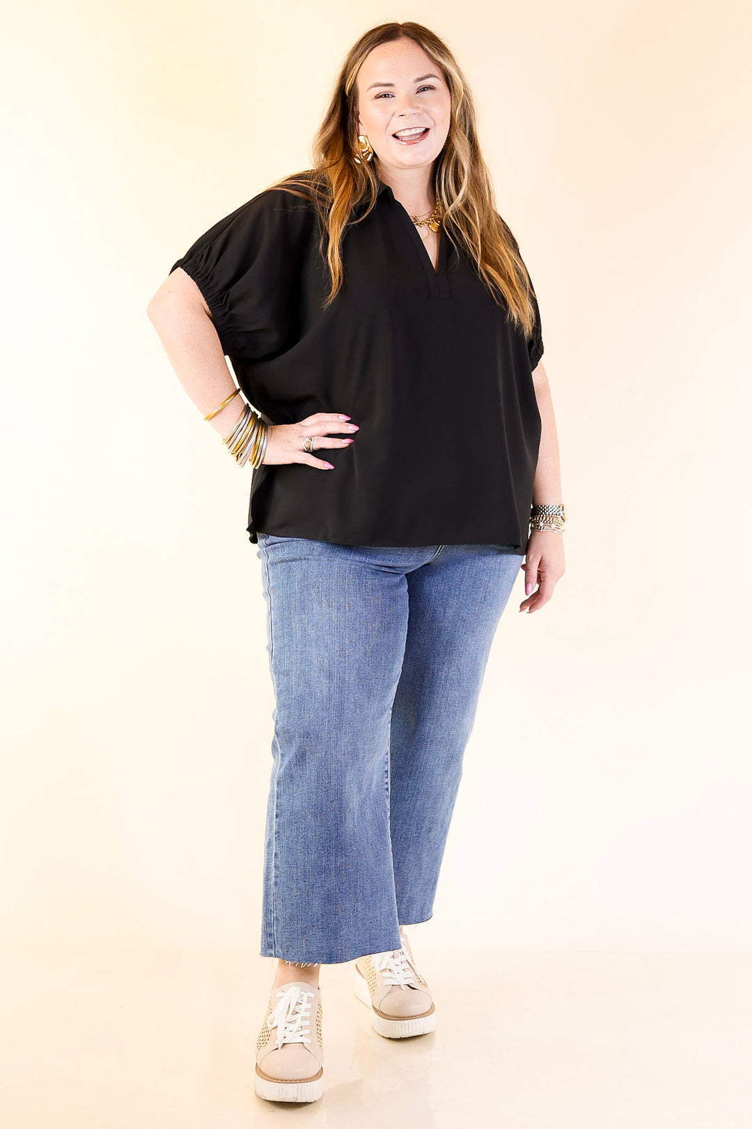 Fresh Start Collared V-Neck Blouse With Drop Shoulder in Black