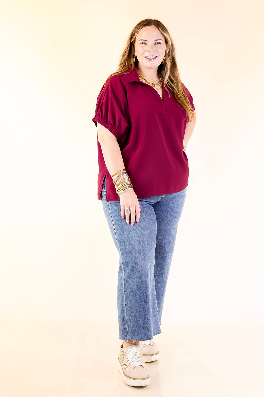 Fresh Start Collared V-Neck Blouse With Drop Shoulder in Maroon