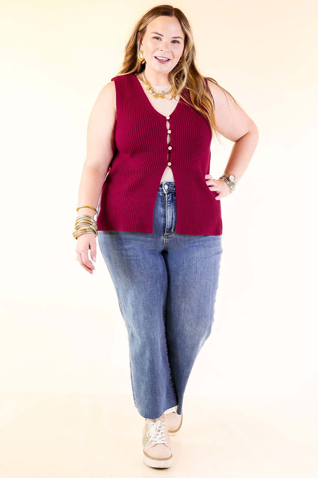 Sharp and Chic Button Front Ribbed Knit Sweater Vest in Maroon